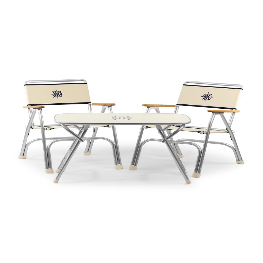 FORMA MARINE Folding Aluminum Off White Boat Chairs Teak Armrests, 3 Piece Bundle Set, 2 M100+Folding Alu.and Melamine Boat Table M250-20''X35''X24''-B100W250