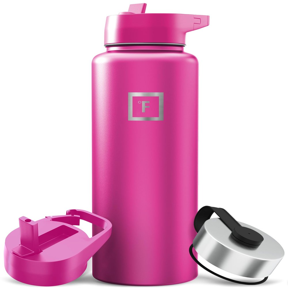 IRON FLASK Camping & Hiking Hydration Flask with Straw, Wide Mouth Insulated Stainless Steel Sports Water Bottle - 40 oz Pink Tulip