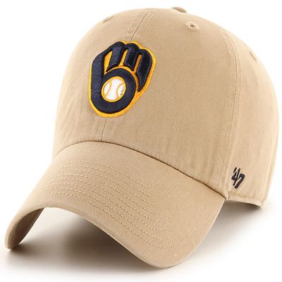 47 Brand MLB Khaki Primary Logo Clean Up Adjustable Strap Baseball Dad Hat Cap, Adult One Size Fits All - Milwaukee Brewers - Khaki