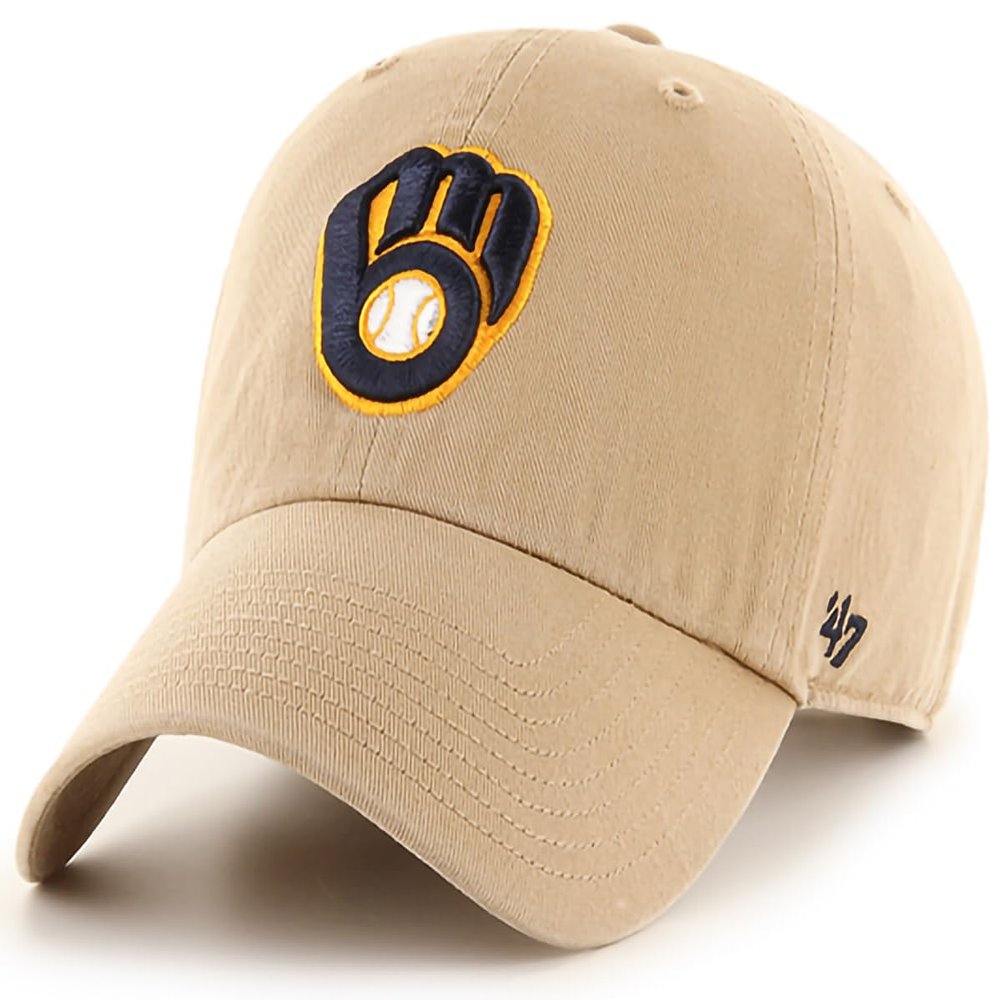 47 Brand MLB Khaki Primary Logo Clean Up Adjustable Strap Baseball Dad Hat Cap, Adult One Size Fits All - Milwaukee Brewers - Khaki