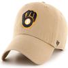 47 Brand MLB Khaki Primary Logo Clean Up Adjustable Strap Baseball Dad Hat Cap, Adult One Size Fits All - Milwaukee Brewers - Khaki view 1
