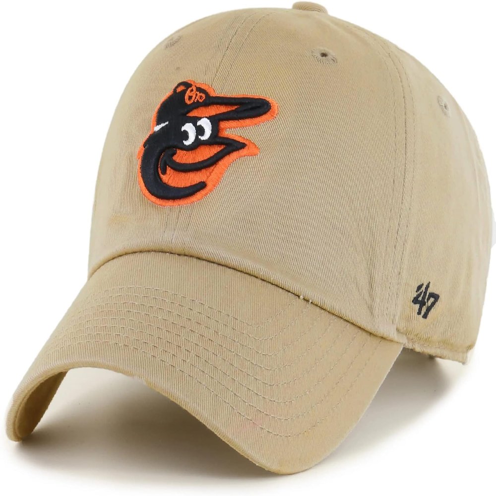 47 Brand MLB Khaki Primary Logo Clean Up Adjustable Strap Baseball Dad Hat Cap, Adult One Size Fits All - Baltimore Orioles - Khaki