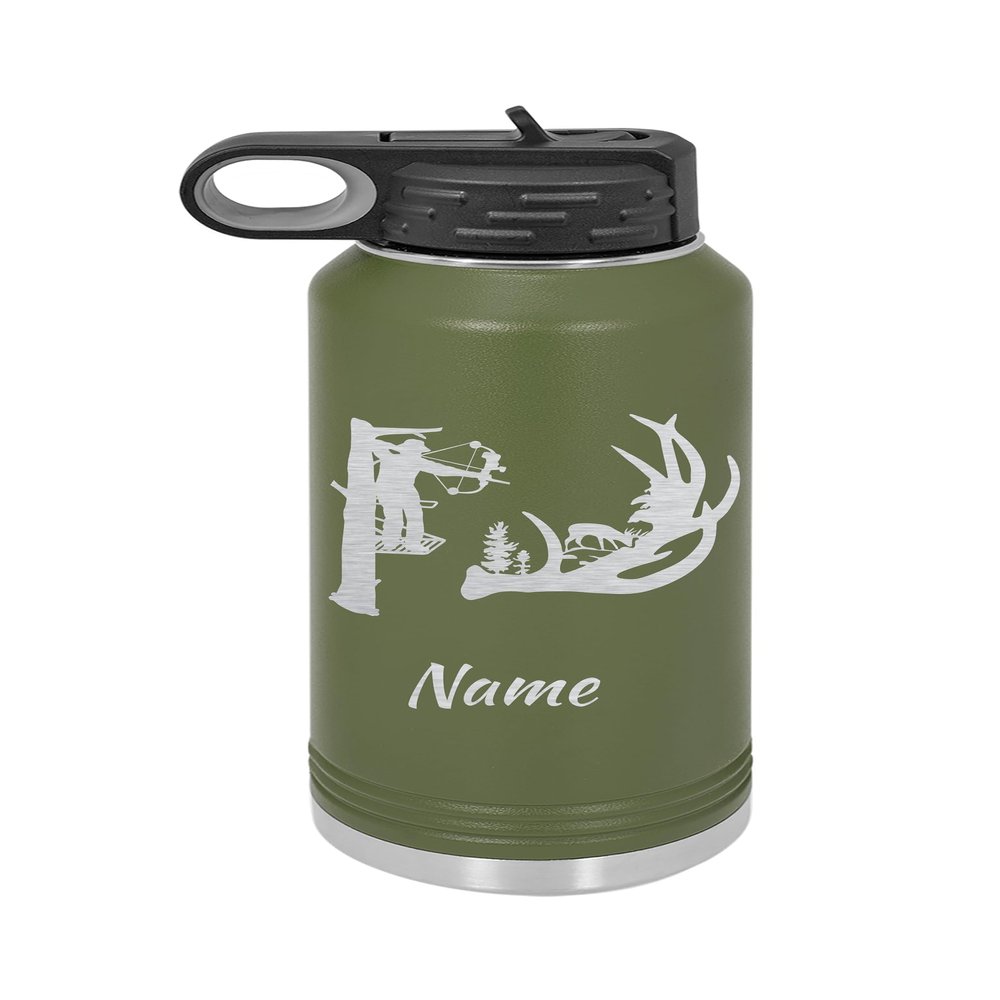 Bow Deer Hunter 20oz or 32oz Water Bottle -Double Wall Insulated - Stainless Steel - Personalized Engraving Including