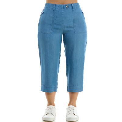 Zac & Rachel Women's Tencel Capri Length Button Front Pant with Stitched Utility Pocket and Ankle, Medium Wash, M
