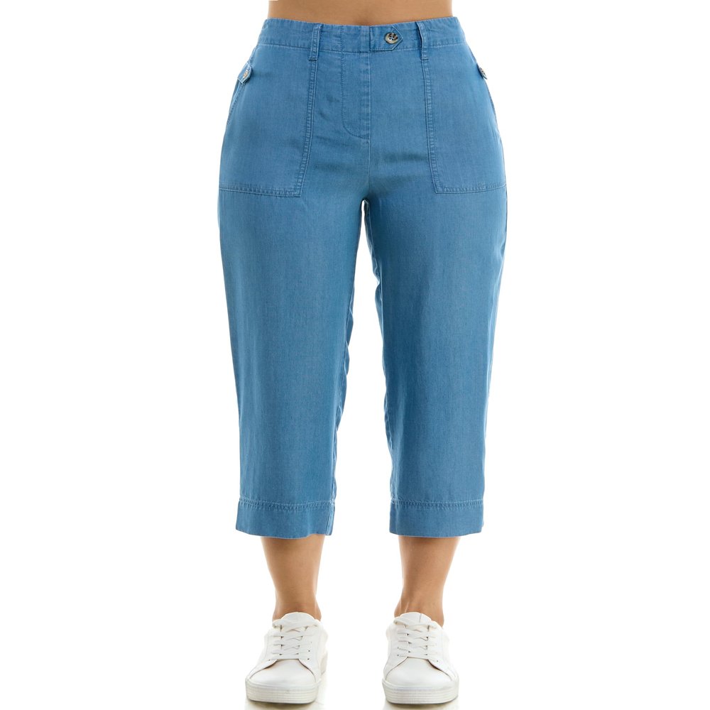 Zac & Rachel Women's Tencel Capri Length Button Front Pant with Stitched Utility Pocket and Ankle, Medium Wash, M