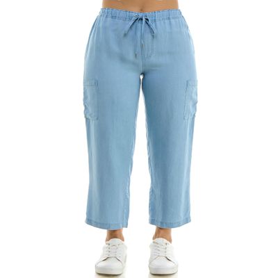 Zac & Rachel Women's Tencel Ankle Length Pant with Elastic Wasitband, Self Adjustible Belt and Functional Side Cargo Pockets, Light Wash, L