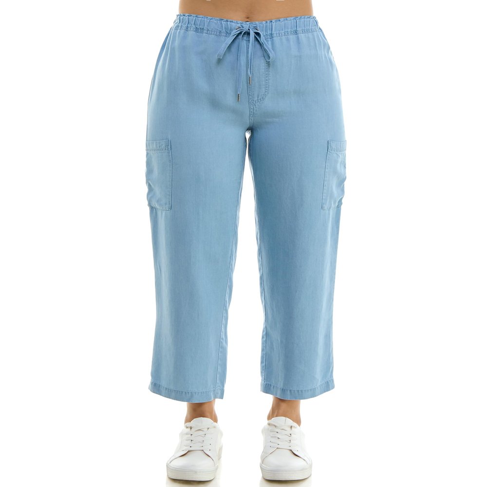 Zac & Rachel Women's Tencel Ankle Length Pant with Elastic Wasitband, Self Adjustible Belt and Functional Side Cargo Pockets, Light Wash, L