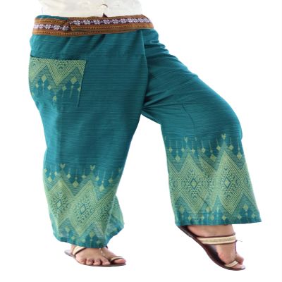 RaanPahMuang Striped Cotton Thai Fisherman Wrap Pants Thai Stamped Art Print, Large-X-Large, Thin Striped Cotton - Thai Traditional - Cyan Blue