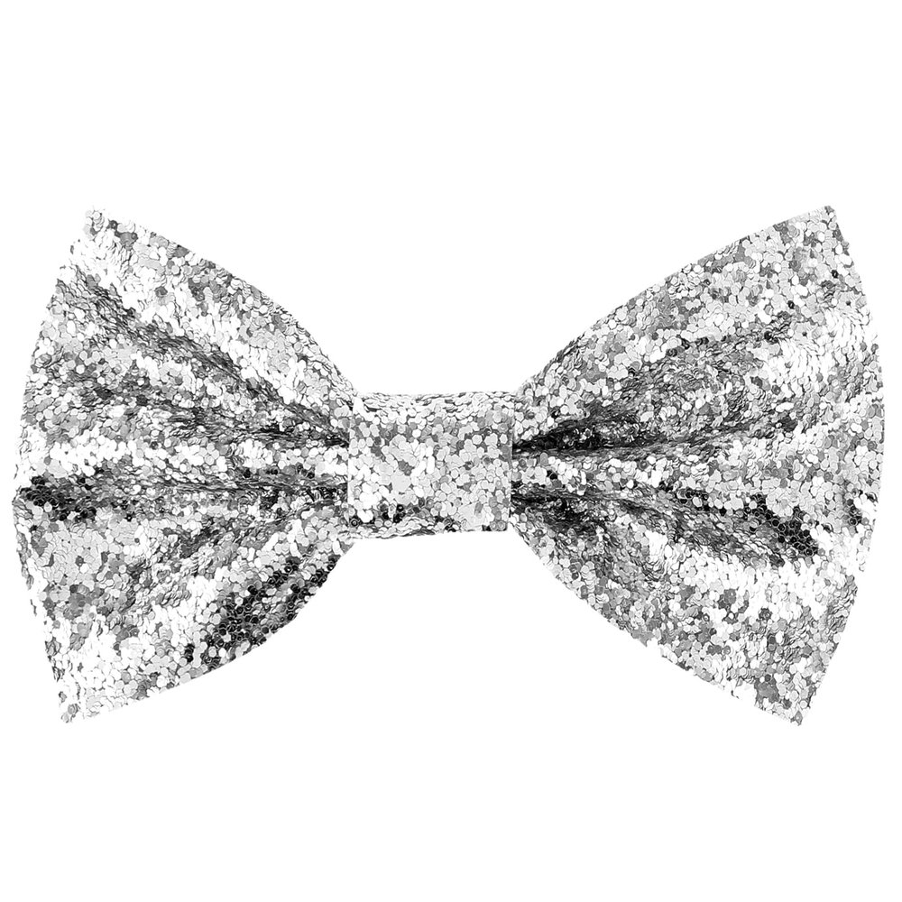 KALIONE Silver Bow Tie for Men Sequin Bowtie, Adjustable Men's Pre-Tied Bow Tie, Sparkling Bowtie for Wedding, Shiny Bowtie for Party Fancy Dress, Solid Color Neck Bow Ties (Silver)