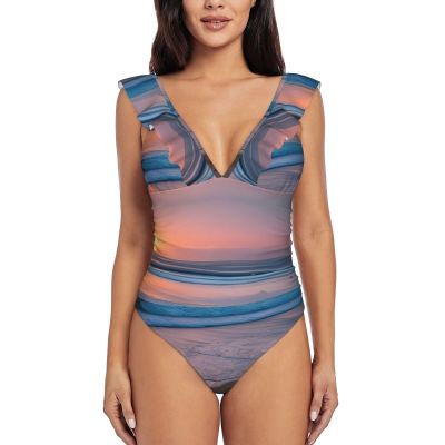 Drtgeds Sunset Beach Print Women's One Piece Swimsuits High Waisted Bathing Ruffled Flounce Suit