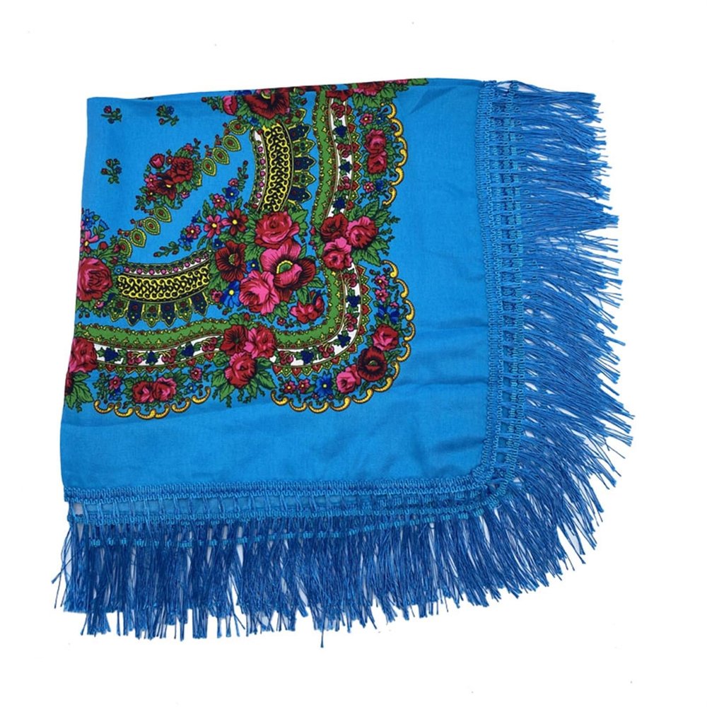 Ethnic Fringed Headband Headwrap Shawl Retro Floral Printed Shawls Women Russian Style Square Scarf (Color : Sky Blue)