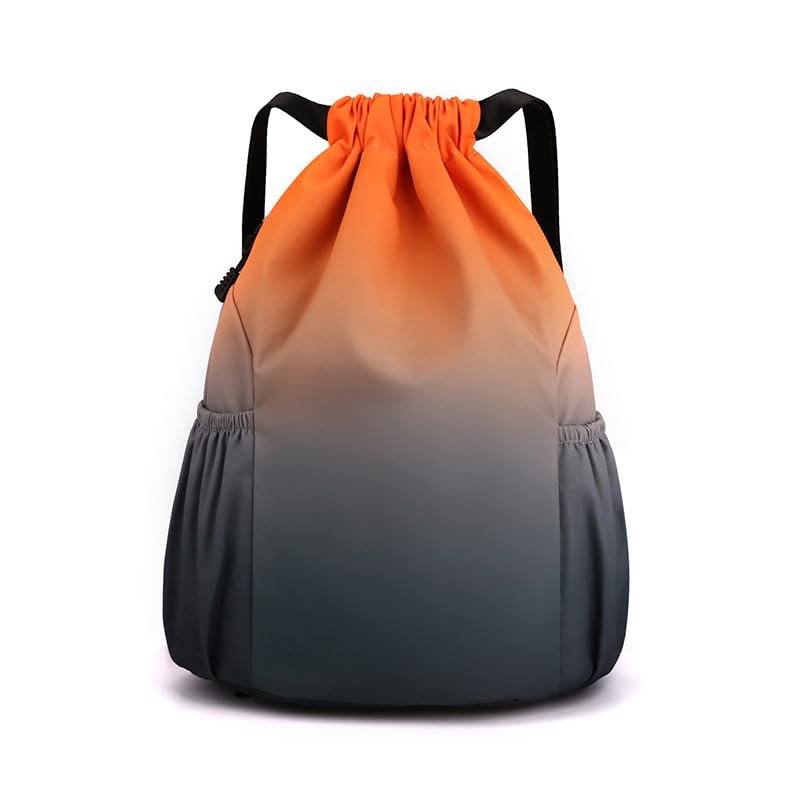CarXs Drawstring Bag, Lightweight String Backpack with Water Bottle Holder and Pockets, Gym Sports Cinch Sackpack (Orange gray,Small)