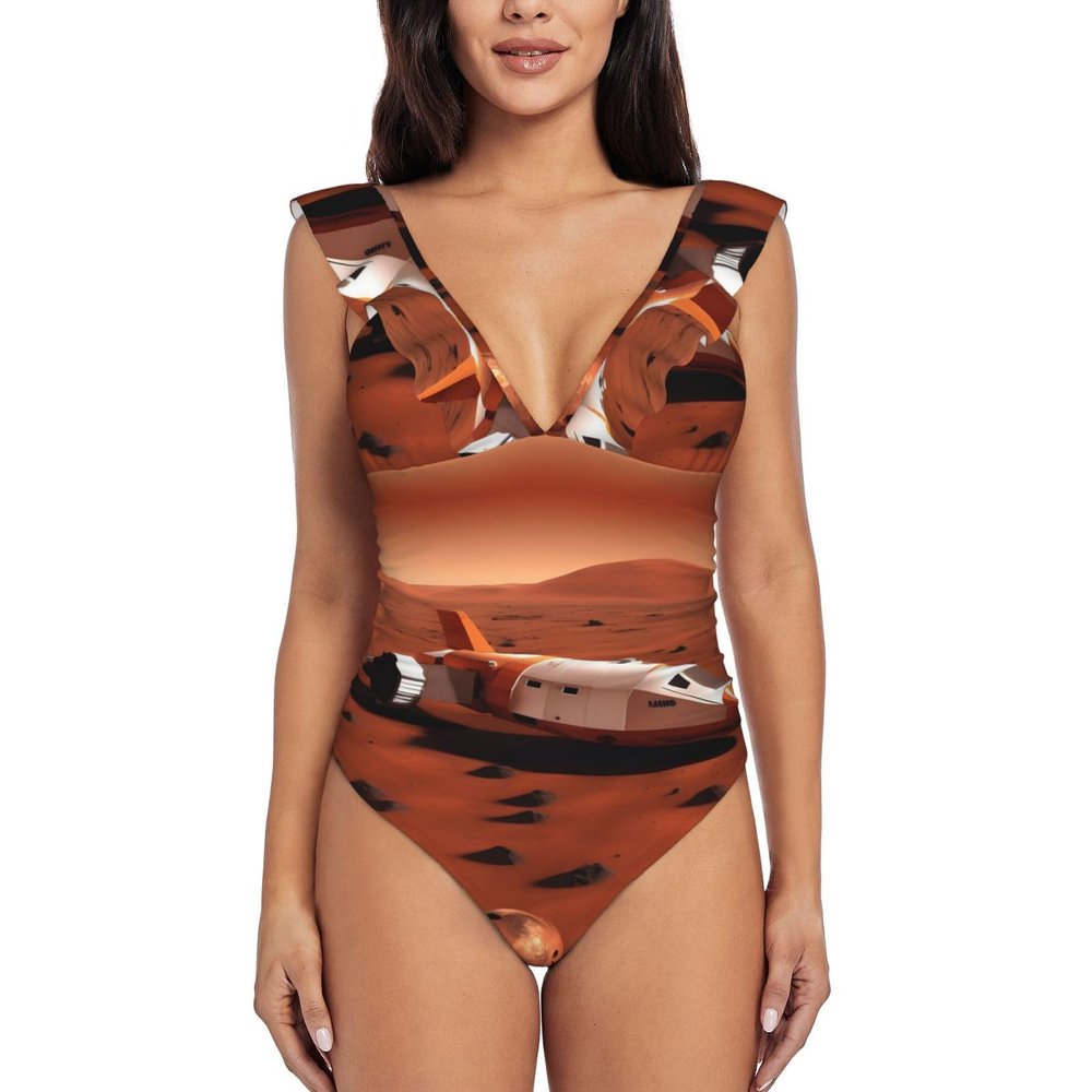 Drtgeds Mars Planet Print Women's One Piece Swimsuits High Waisted Bathing Ruffled Flounce Suit
