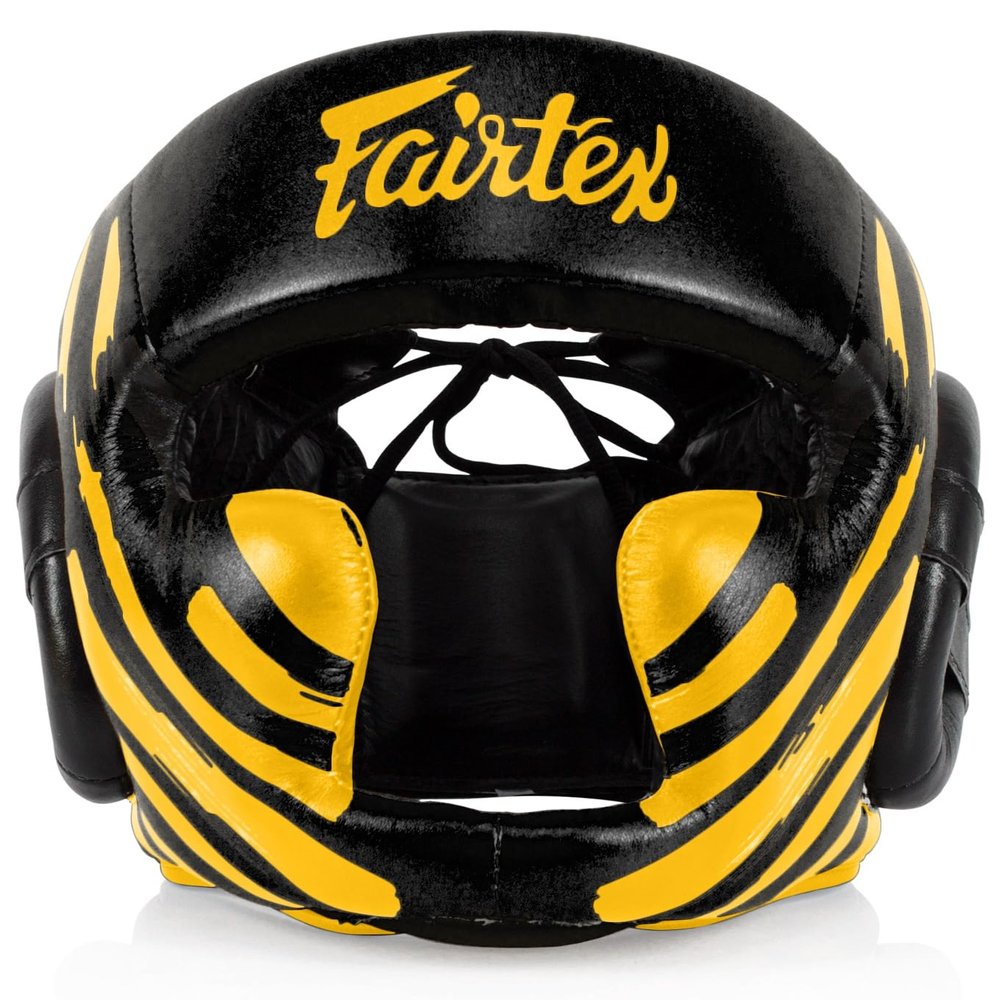 Fairtex HG16M2 Headgear Head Guard Super Sparring Diagonal Vision Lace-up, Black/Gold (Tone May Vary), XL