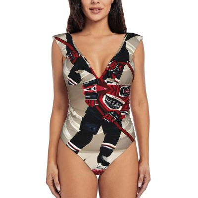 Drtgeds Hockey Sports Print Women's One Piece Swimsuits High Waisted Bathing Ruffled Flounce Suit