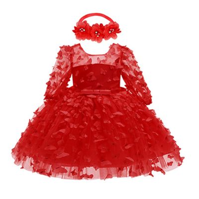 Baby Girl Tulle Dress Flower Printed Mesh Tulle Princess Dress Wedding Bridesmaid Pageant Gown (Red, 12-18 Months)