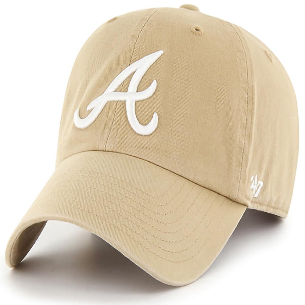 47 Brand MLB Khaki White Primary Logo Clean Up Adjustable Strap Baseball Dad Hat Cap, Adult One Size Fits All - Atlanta Braves - Khaki White