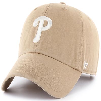 47 Brand MLB Khaki White Primary Logo Clean Up Adjustable Strap Baseball Dad Hat Cap, Adult One Size Fits All - Philadelphia Phillies - Khaki White