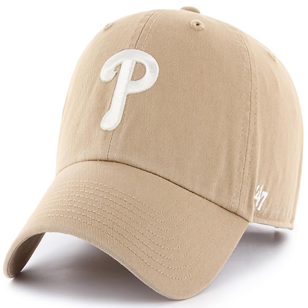 47 Brand MLB Khaki White Primary Logo Clean Up Adjustable Strap Baseball Dad Hat Cap, Adult One Size Fits All - Philadelphia Phillies - Khaki White