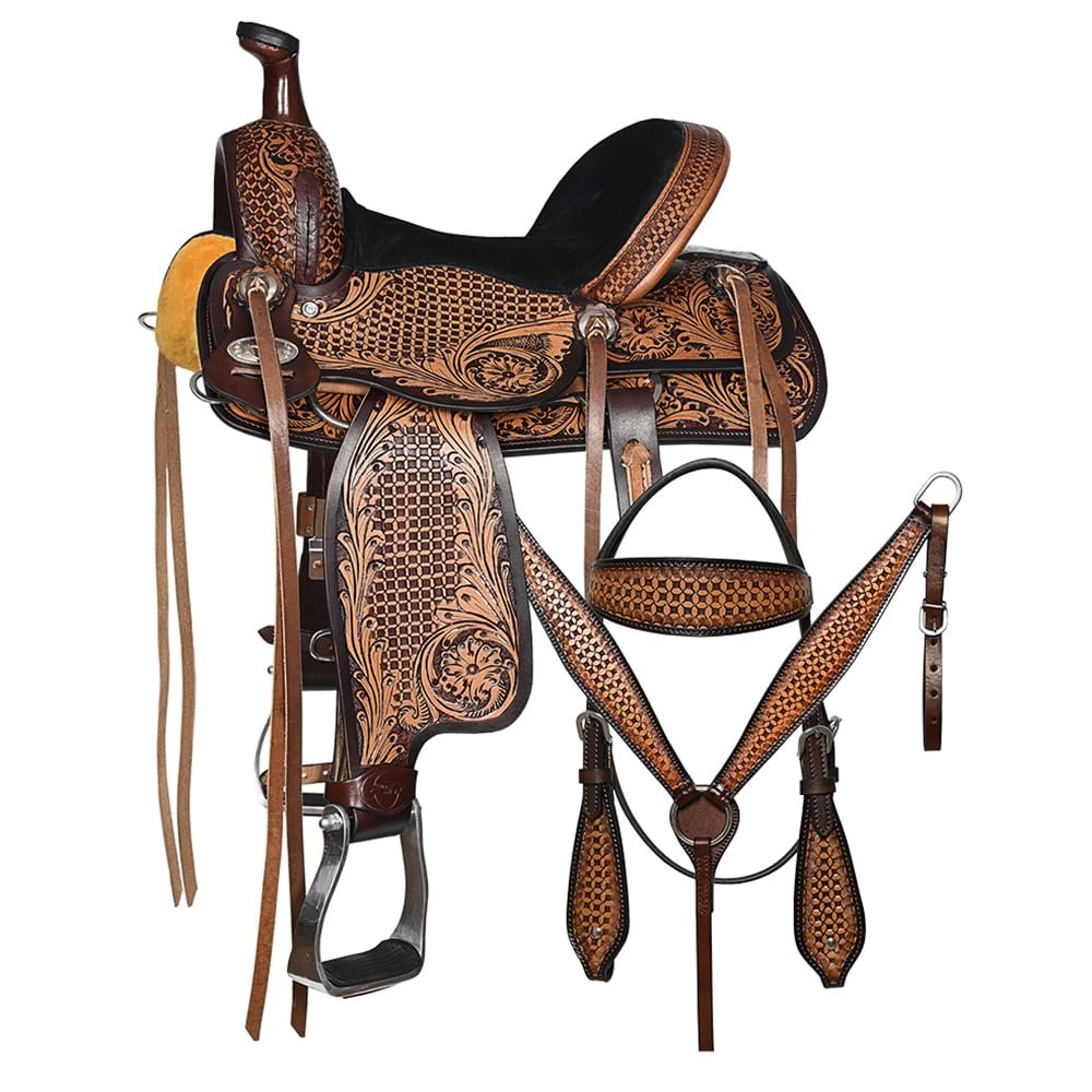 Comfytack Western Horse Barrel Racing American Leather Saddle Floral Carved & Tack Set Dark Brown