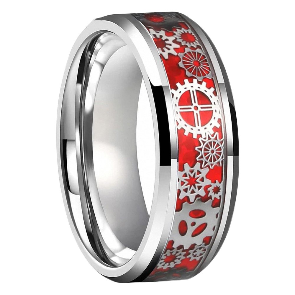 8 mm Wedding Band Mechanical Gear Wheel Red Opal Inlay for Men Tungsten Carbide Rings Beveled Edges Polished Shiny 8 mm Red Opal 7