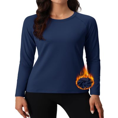 MAGCOMSEN Ladies Shirts Long Sleeve Workout Thermal Tops Moisture Wicking Fleece Undershirt Pullover Running Navy