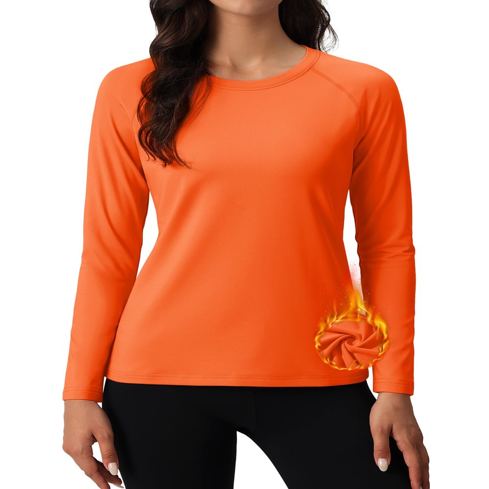 MAGCOMSEN Thermal Shirts for Women Warm Long Sleeve Fleece Tops Crew Neck Winter Base Layer Workout Hiking Orange