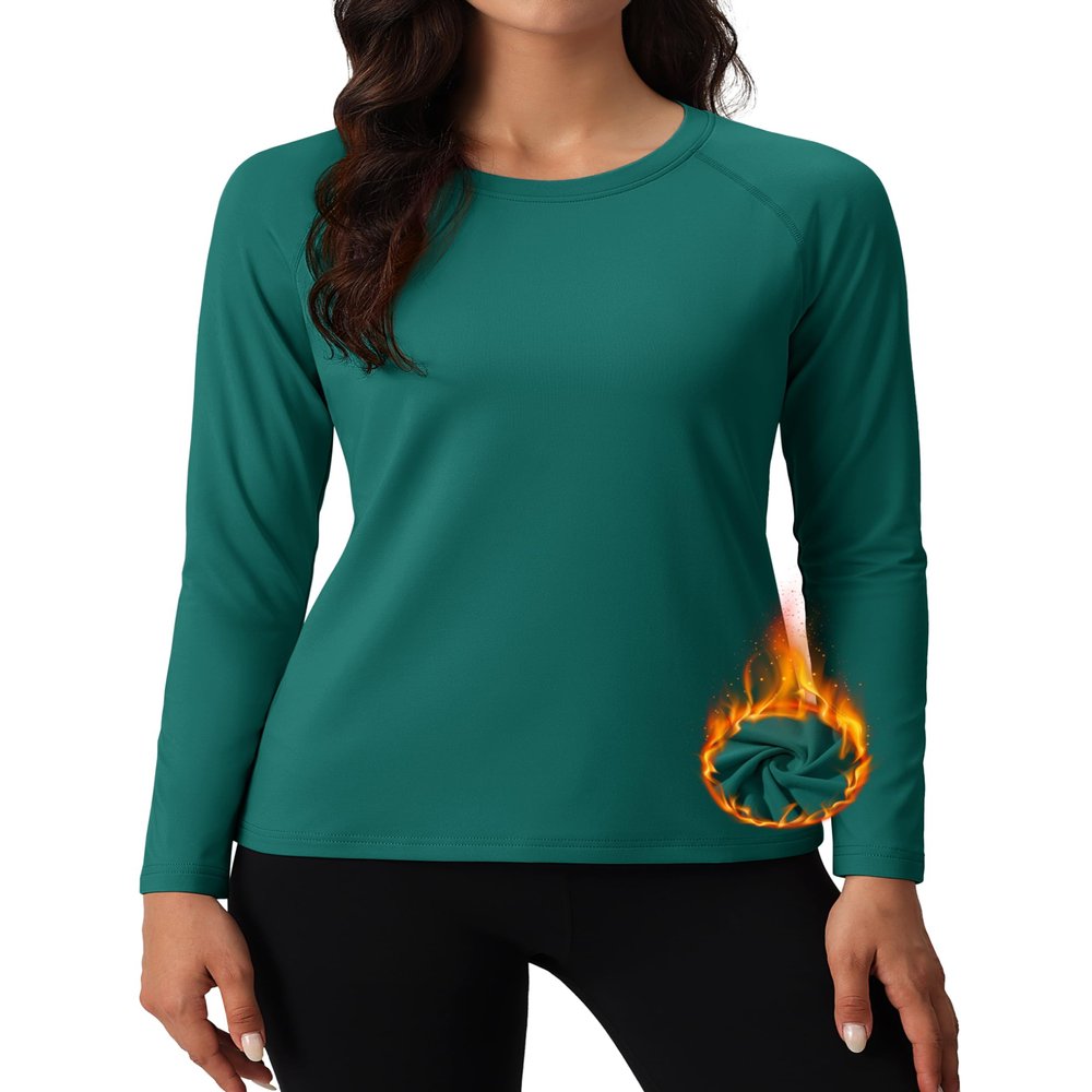 MAGCOMSEN Long Sleeve Pullover Shirts for Women Fleece Lined Thermal Tops for Running Sports Winter Base Layer Green
