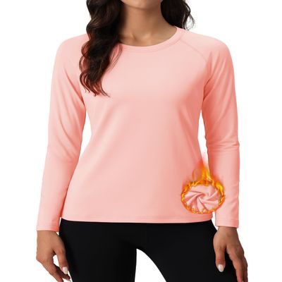 MAGCOMSEN Long Sleeve Running Tops for Women Winter Fleece Lined Pullover Under Shirts for Cold Weather Workout Pink