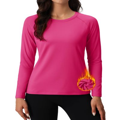 MAGCOMSEN Women's Shirts Long Sleeve Fleece Thermal Shirt Crewneck Winter Tops Workout Running Warm Under Shirt Rose