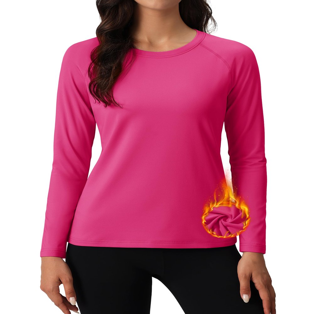 MAGCOMSEN Women's Shirts Long Sleeve Fleece Thermal Shirt Crewneck Winter Tops Workout Running Warm Under Shirt Rose