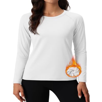MAGCOMSEN Women's Fleece Tops Long Sleeve Thermal Pullover Undershirt Moisture Wick Running Hiking Shirts Warm White
