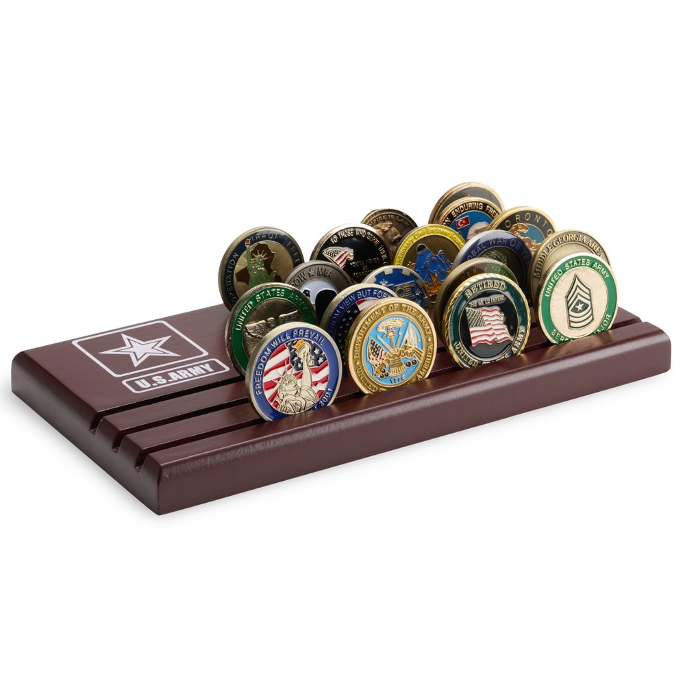 DECOMIL Challenge Coin Display Stand, Military Coin Holder Display, Solid Wood, 30 Challenge Coin Holder, Gift for Veterans, Coin Rack Display Military Emblems, Coin Tray (ARMY)