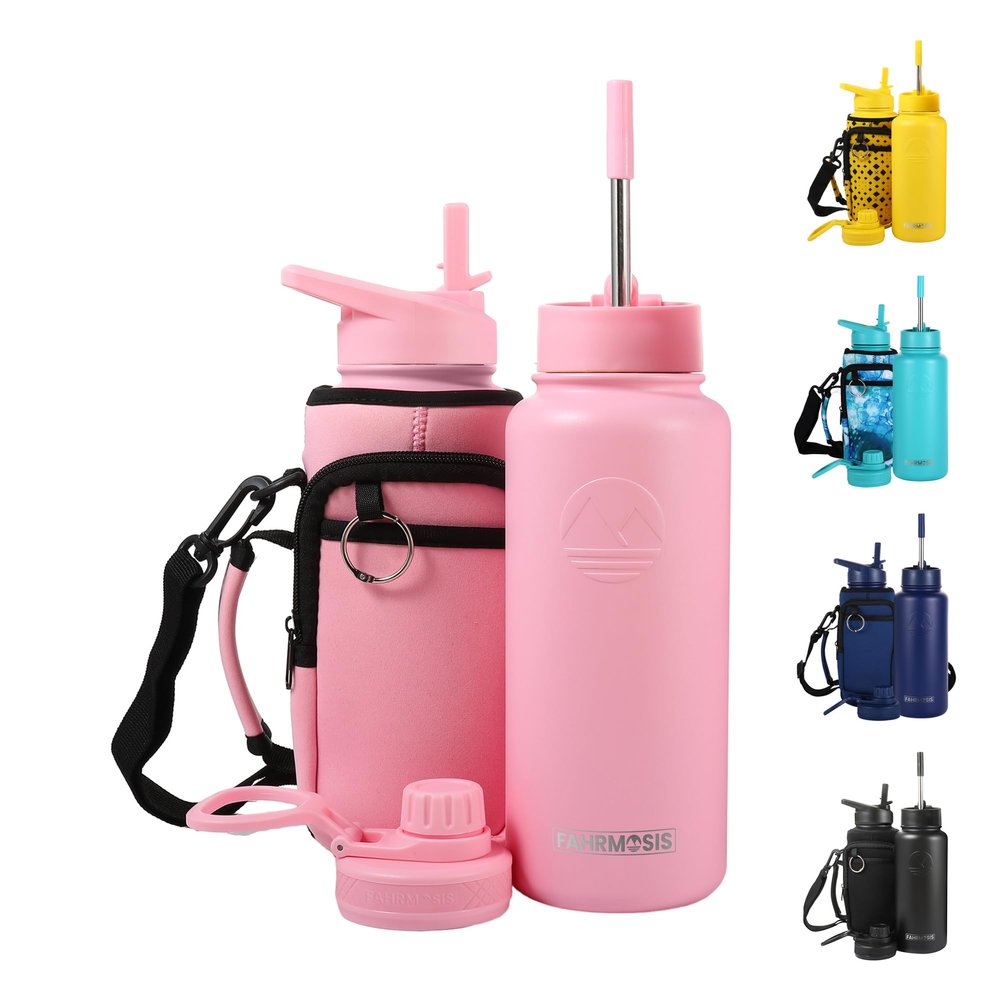 FAHRMOSIS 32 Oz Insulated Water Bottle with Strap Stainless Steel Sports Water Bottle with 3 Lids (Straw, Chug & Flip Lid) 1 Liter Leak Proof Insulated Metal Jug for Men & Women - Pink (Solid)