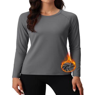 MAGCOMSEN Womens Thermal Tops Long Sleeve Pullover Fleece Lined Shirts Moisture Wicking Running Workout Athletic Grey