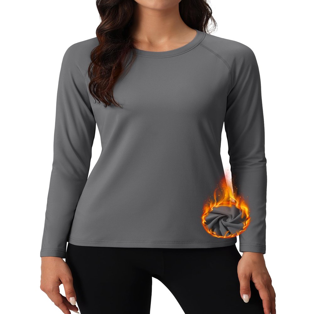 MAGCOMSEN Womens Thermal Tops Long Sleeve Pullover Fleece Lined Shirts Moisture Wicking Running Workout Athletic Grey