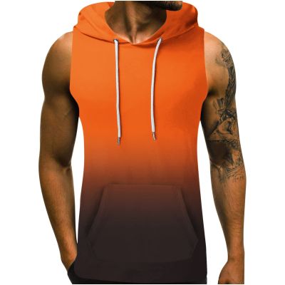 NineFit Basics Men's Workout Hooded Tank Tops Sleeveless Gradient Gym Training Hoodies Bodybuilding Muscle Cut Off T Shirts with Pocket Orange, XX-Large