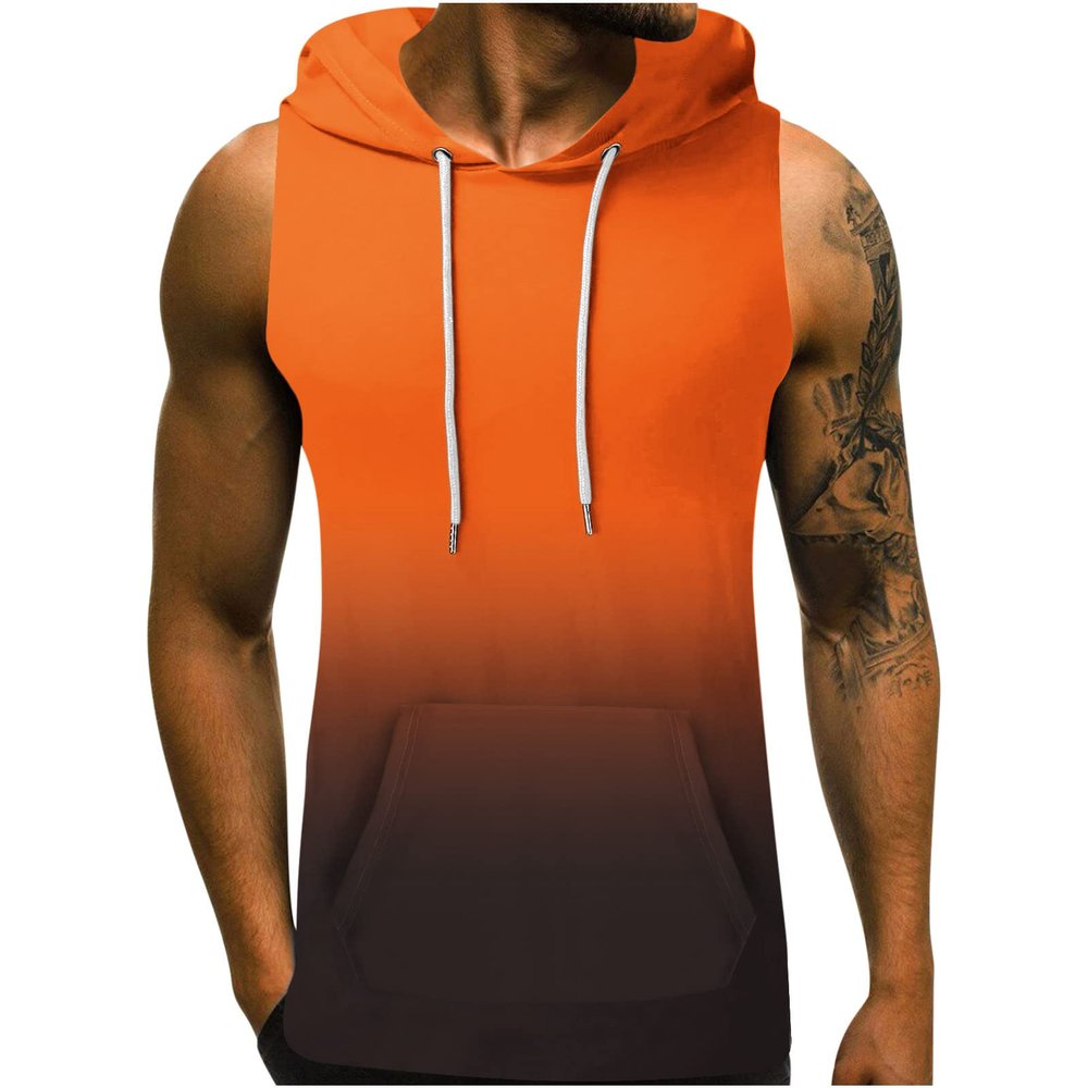 NineFit Basics Men's Workout Hooded Tank Tops Sleeveless Gradient Gym Training Hoodies Bodybuilding Muscle Cut Off T Shirts with Pocket Orange, XX-Large