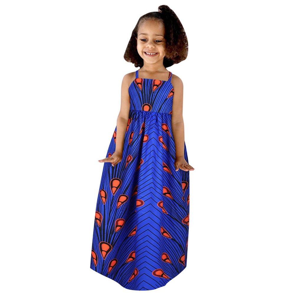 16Y Strap Outfits Kids Girls Ankara Dresses Traditional Dashiki Dress Princess Backless Sleeveless (Blue #2, 1-2 Years)