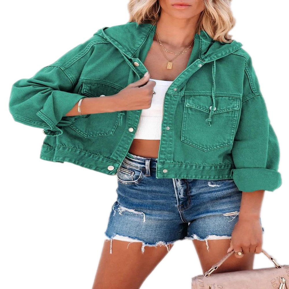 Dawery Jackets for Women Hooded Denim Jacket Women Vintage Jean Coats Casual Long Sleeve Top Clothes Women Streetwear Green L
