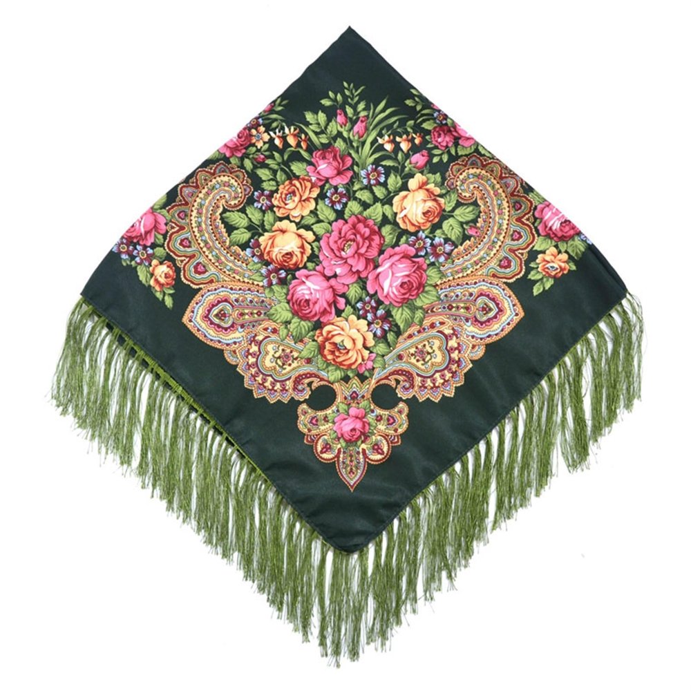 Women Floral Printed Scarf Fringed Square Scarves Handkerchief Head Wraps Travel Shawl (Color : Army Green)