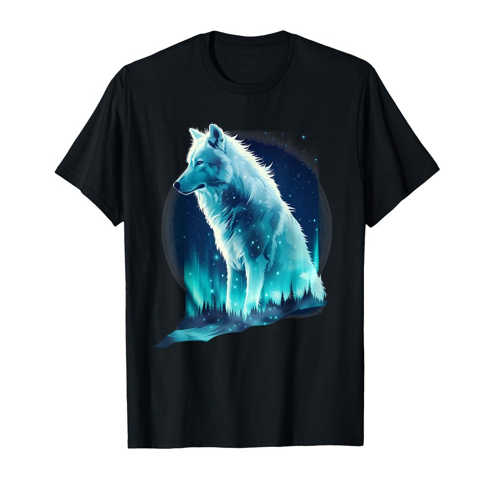 Wolf Northern Lights Alaska Up North White Wolf Lover T-Shirt