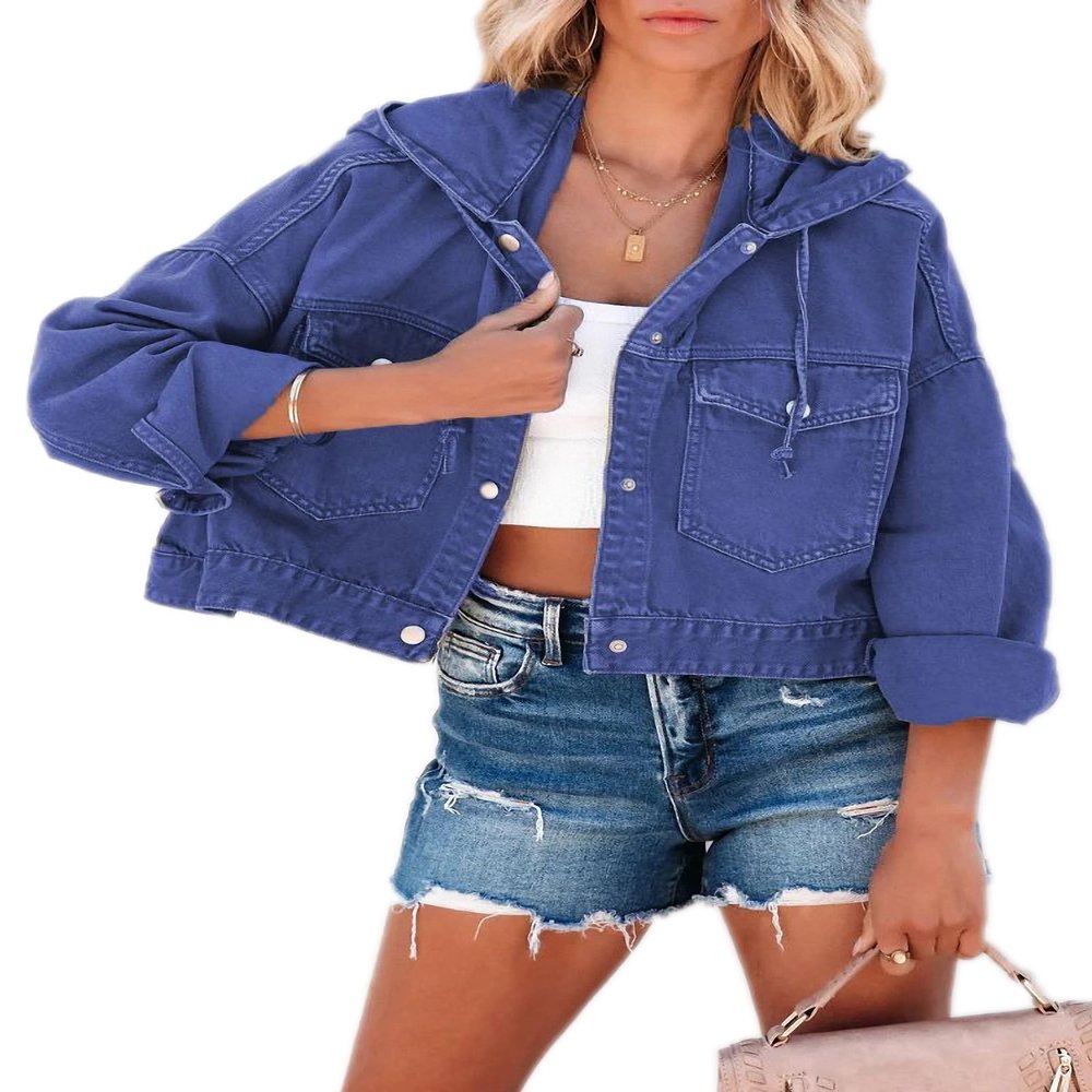 Dawery Jackets for Women Hooded Denim Jacket Women Vintage Jean Coats Casual Long Sleeve Top Clothes Women Streetwear Blue XL