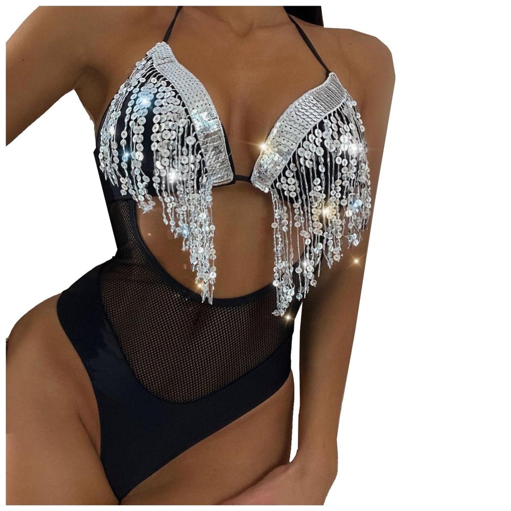 XUNRYAN Women's One Piece Swimsuit Sequin Sparkly Fringe Hem Shiny Tassel Plunge V Neck Bathing Suits Swimwear Beachwear