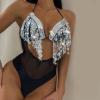 XUNRYAN Women's One Piece Swimsuit Sequin Sparkly Fringe Hem Shiny Tassel Plunge V Neck Bathing Suits Swimwear Beachwear view 2