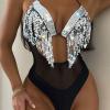 XUNRYAN Women's One Piece Swimsuit Sequin Sparkly Fringe Hem Shiny Tassel Plunge V Neck Bathing Suits Swimwear Beachwear view 4