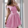NaRHbrg Womens Off Shoulder Summer Cocktail Swing Dress Spring Ruffle Sleeves Ruched High Low Chiffon Wedding Guest Dress Pink view 2