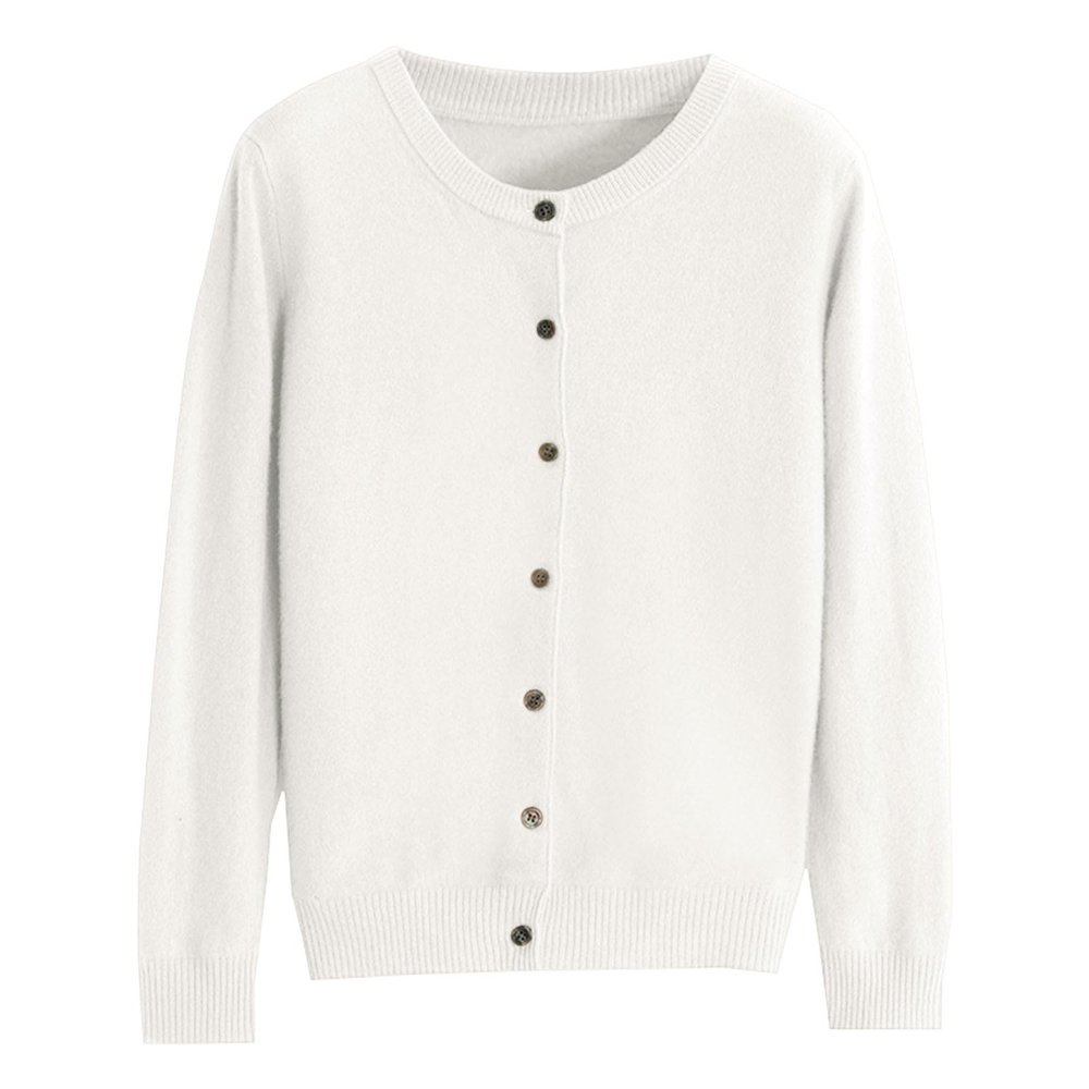 Women Sweater Cardigan Round Neck Button Down Long Sleeve Classic Soft Pullover Cardigan (B-White, L)