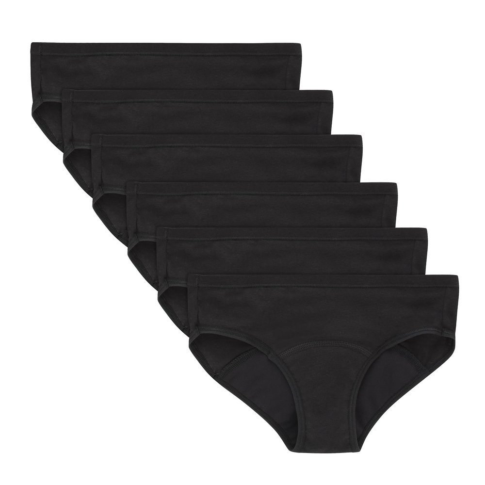 Hanes Girls' Big Underwear, Comfort, Period. Panties, Moderate Protection, 6-Pack, Hipster-Black-6 Pack