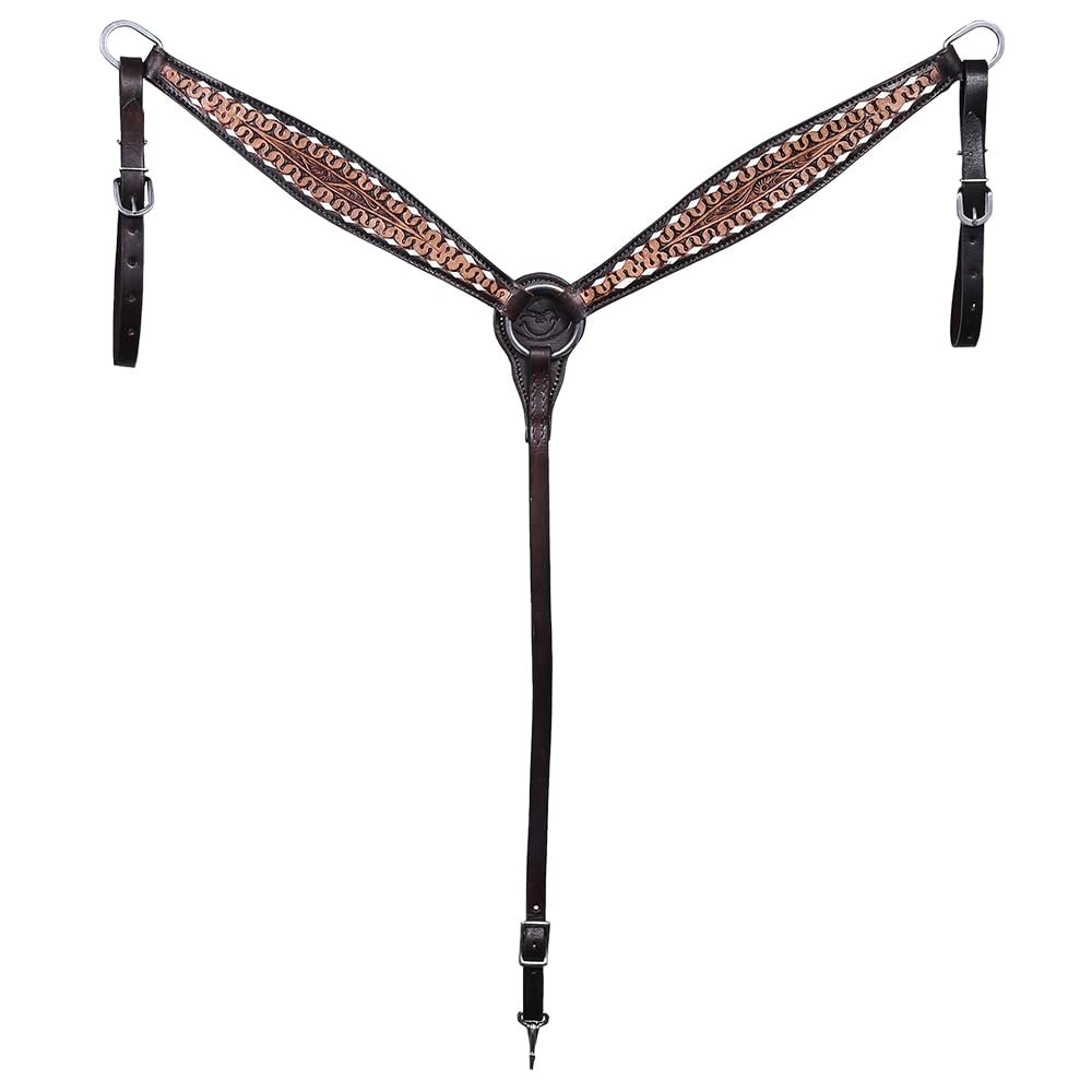Comfytack Western Horse Breast Collar Hand Tooled Genuine American Leather Tack Dark Brown | Heavy Duty Adjustable Western Riding Breastplate for Trail Barrel Racing Ranch Show Horse